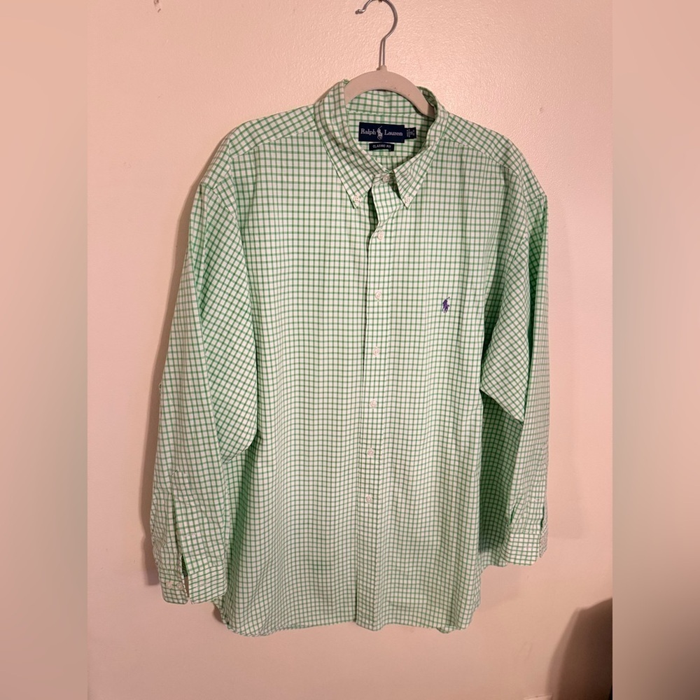 Ralph Lauren Classic Fit Green White Check Button-Down Shirt Men’s Size 18 34-35 - Picture 2 of 7